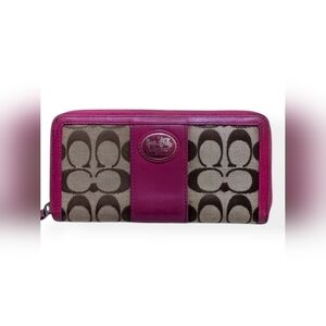 Coach Signature Canvas & Magenta Leather Trim Zip Wallet Khaki & Brown Accordion
